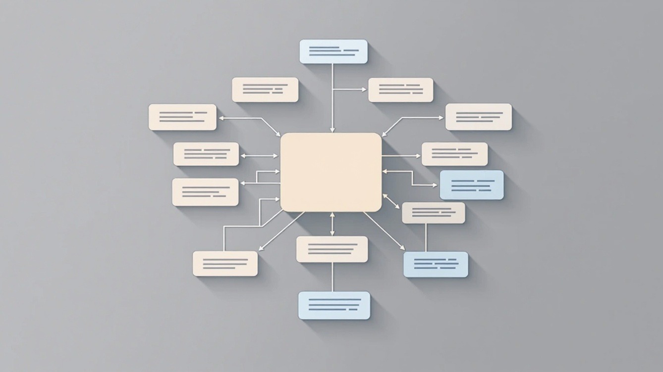 Diagram showing a central content pillar connected to multiple related topics in a structured cluster.
