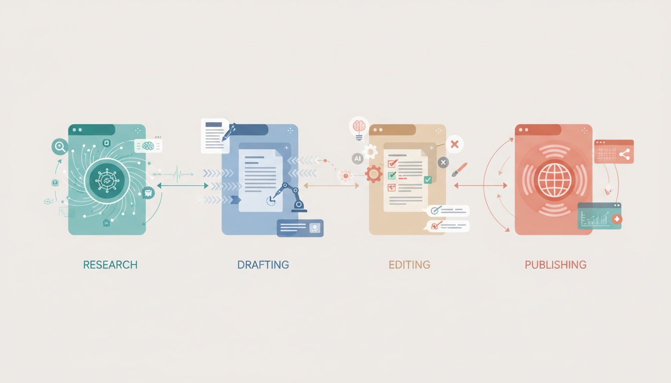 Diagram showing an AI-assisted writing workflow from research and drafting through editing and publishing.