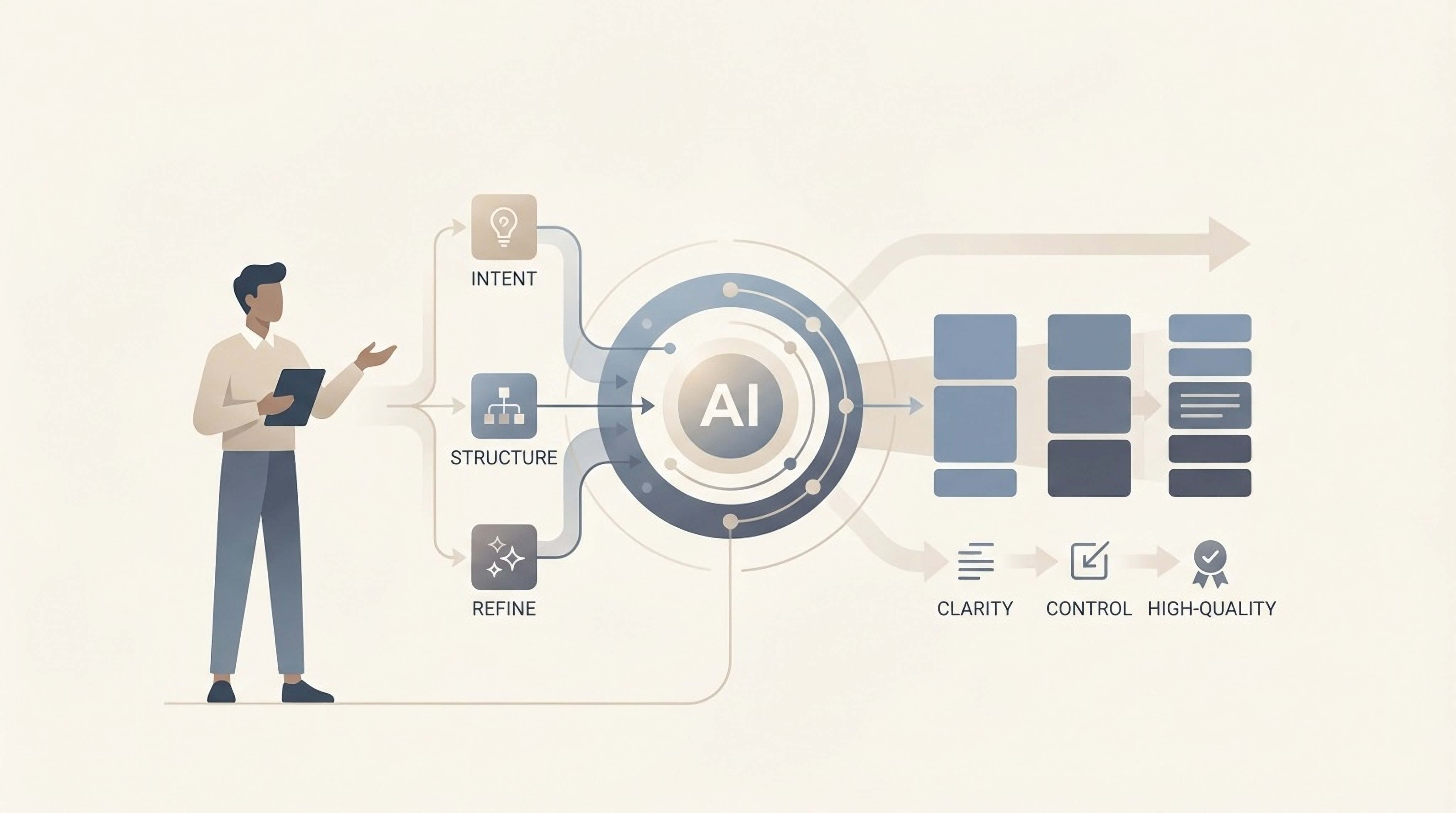 Illustration showing a writer guiding an AI system through structured prompts to produce high-quality written content.