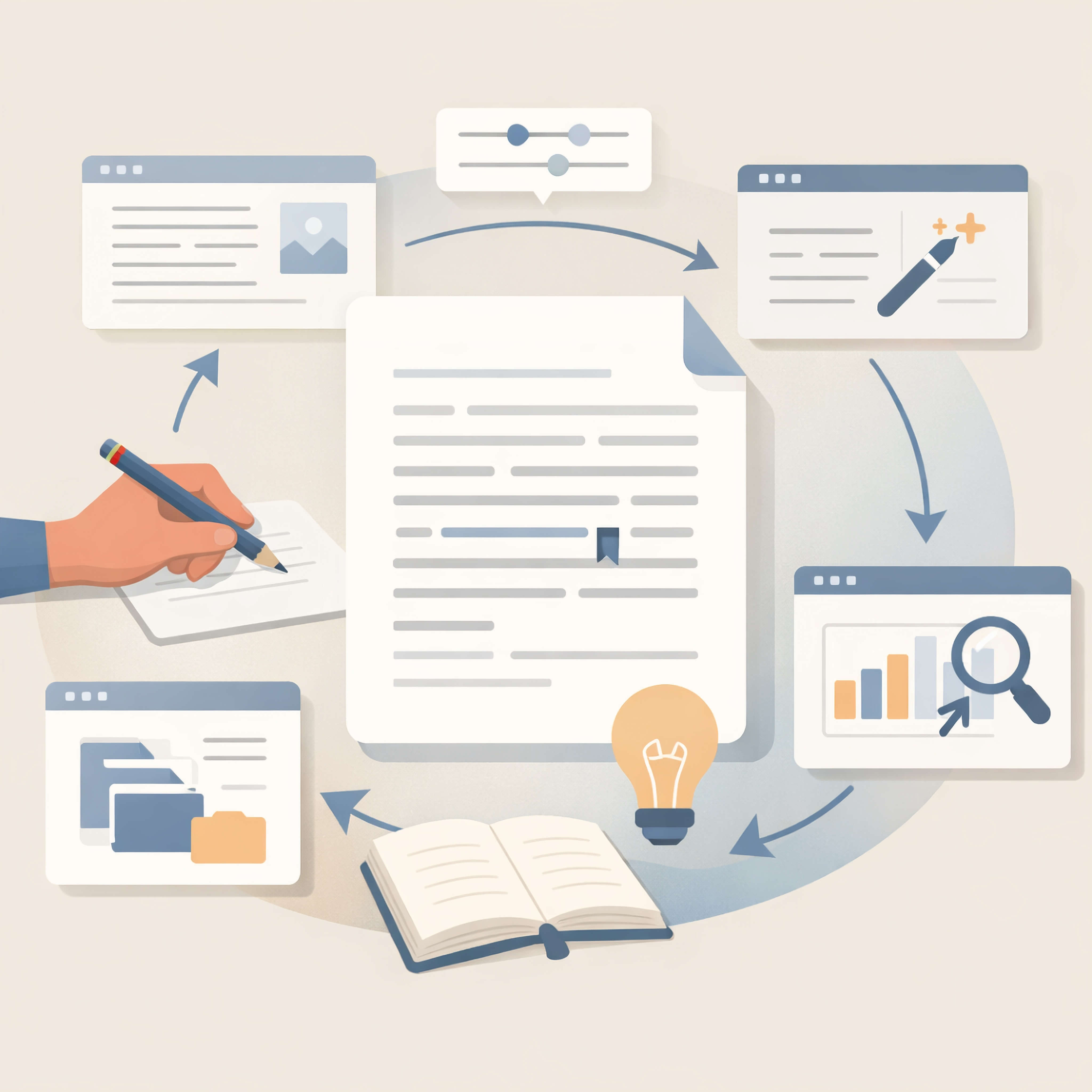Illustration showing AI writing tools supporting different stages of the content creation workflow.