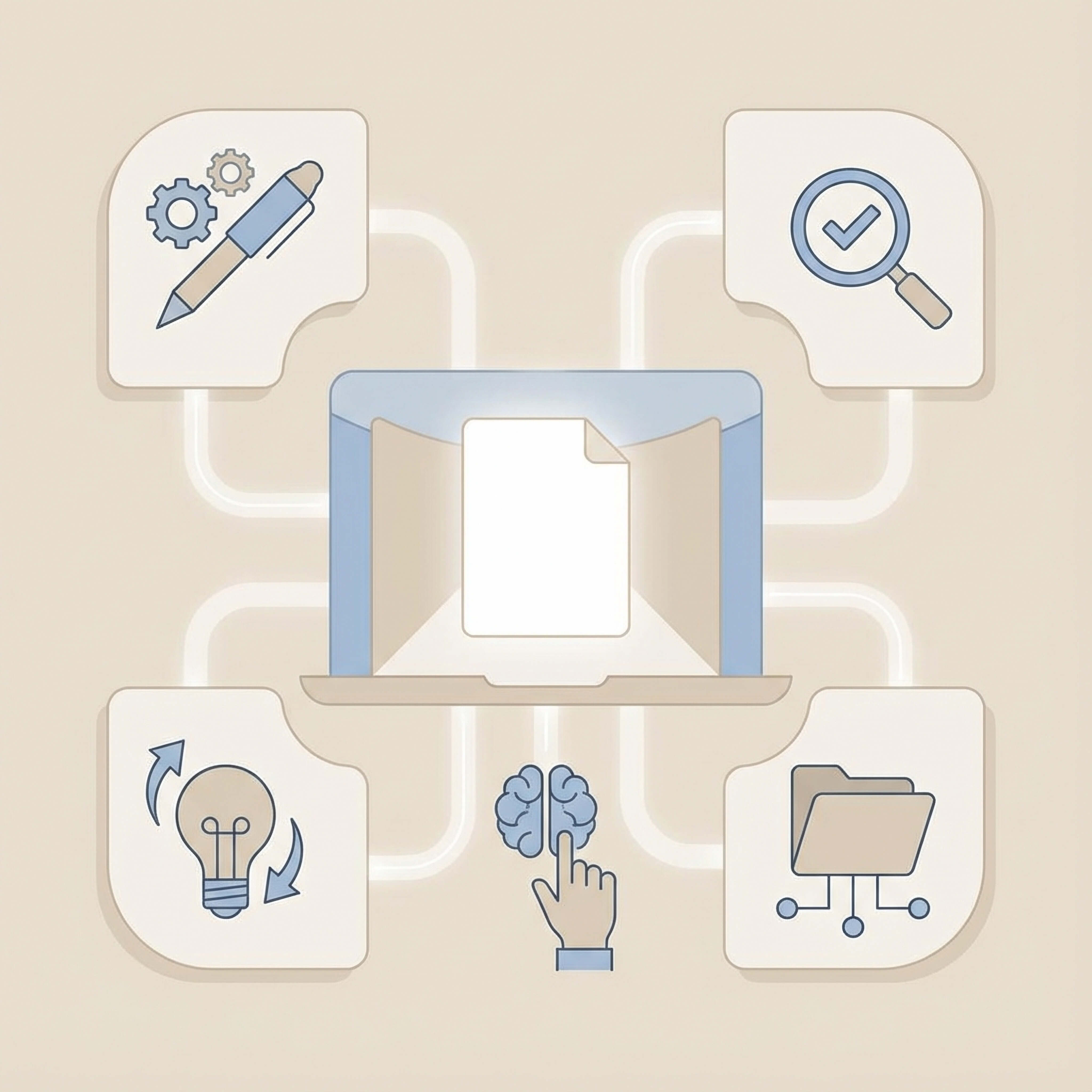 Diagram showing AI writing tools connected to a central content document.