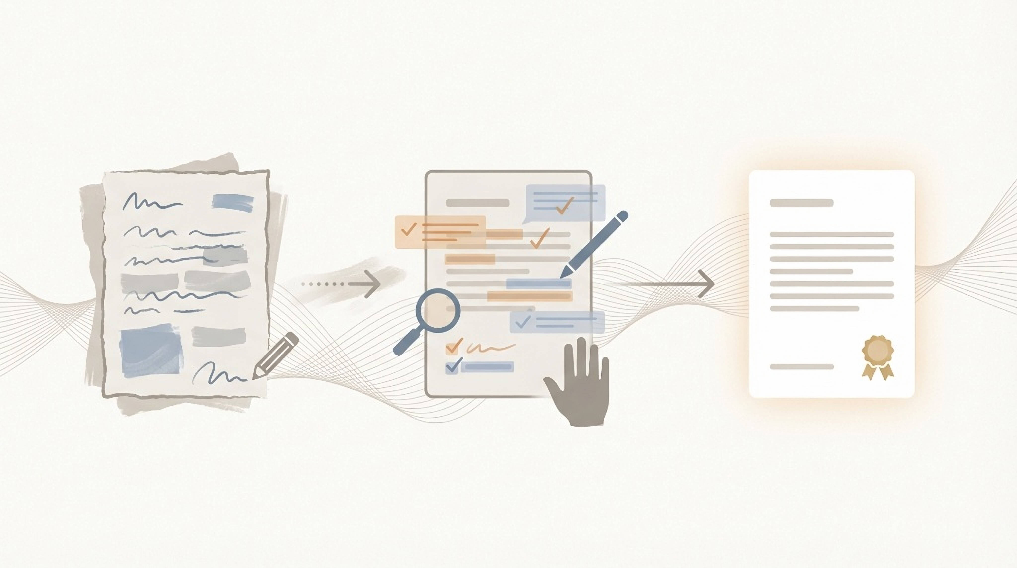 Illustration showing the process of refining an AI-generated draft into polished, human-level writing.