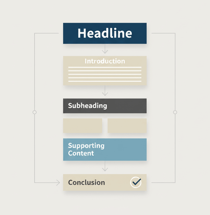 Diagram illustrating the structure of an SEO-friendly article, from headline and introduction to supporting content and conclusion.