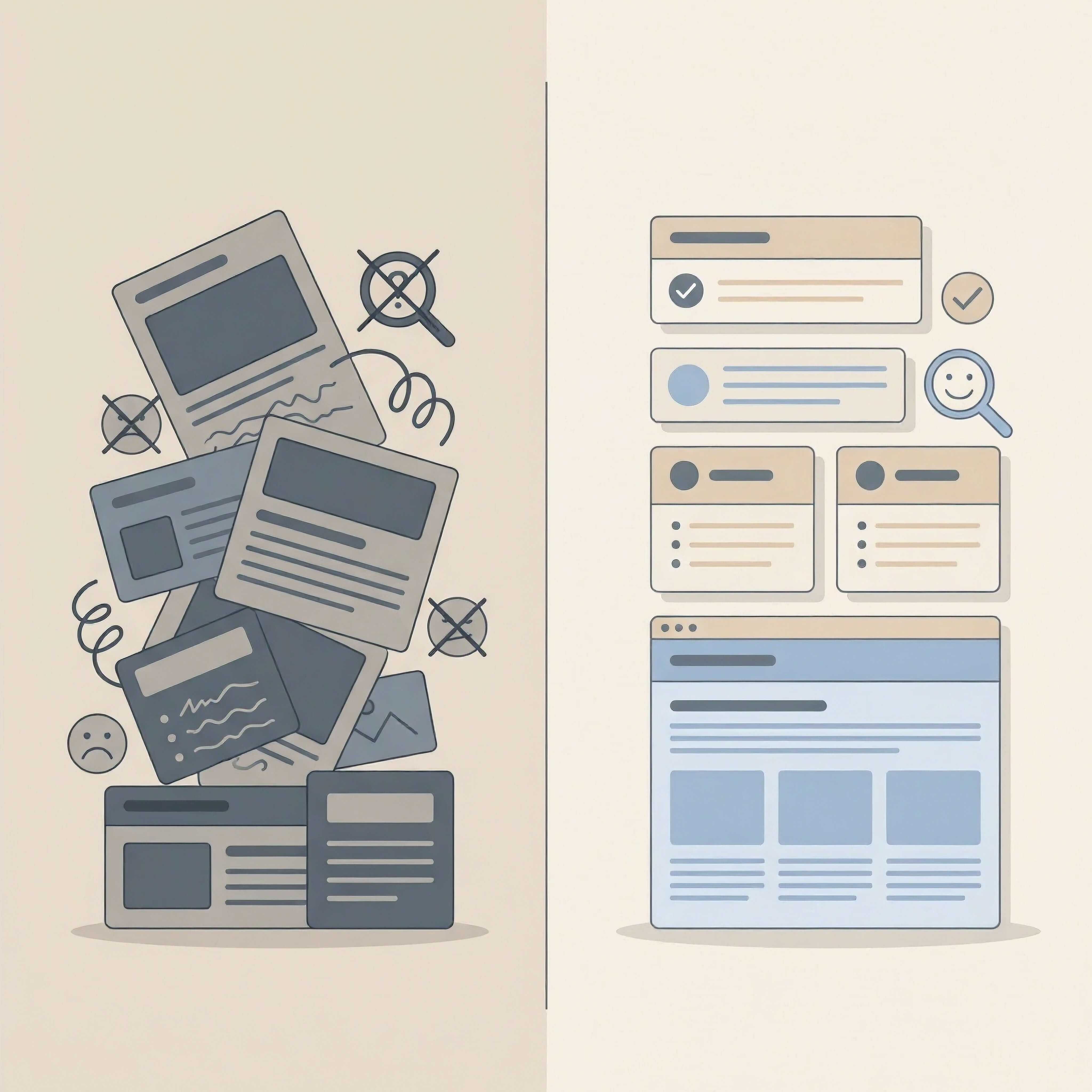 Illustration comparing disorganized content layout with a clean, well-structured SEO-friendly page.