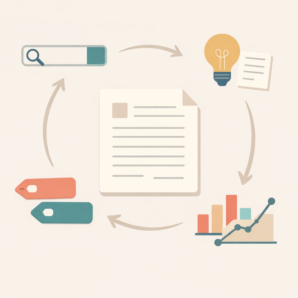 Diagram illustrating the keyword research process for writers, showing how search insights connect to content creation and performance analysis.