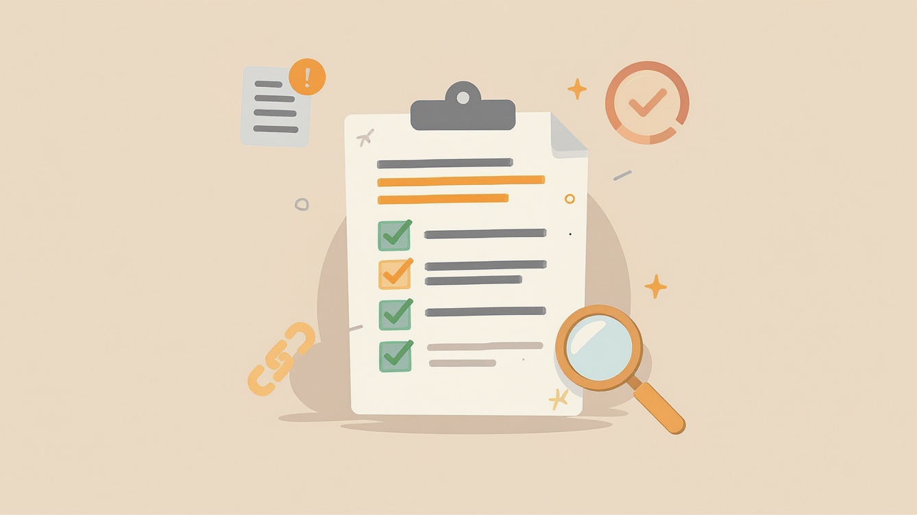 Illustration of an on-page SEO checklist showing a document with completed optimization steps.