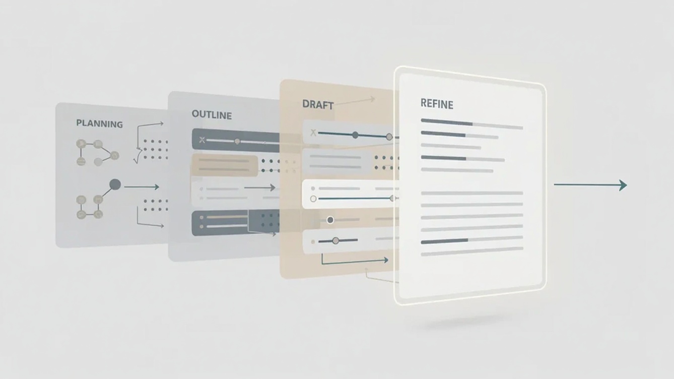 Layered writing workflow showing structured prompting from planning to refined long-form content.