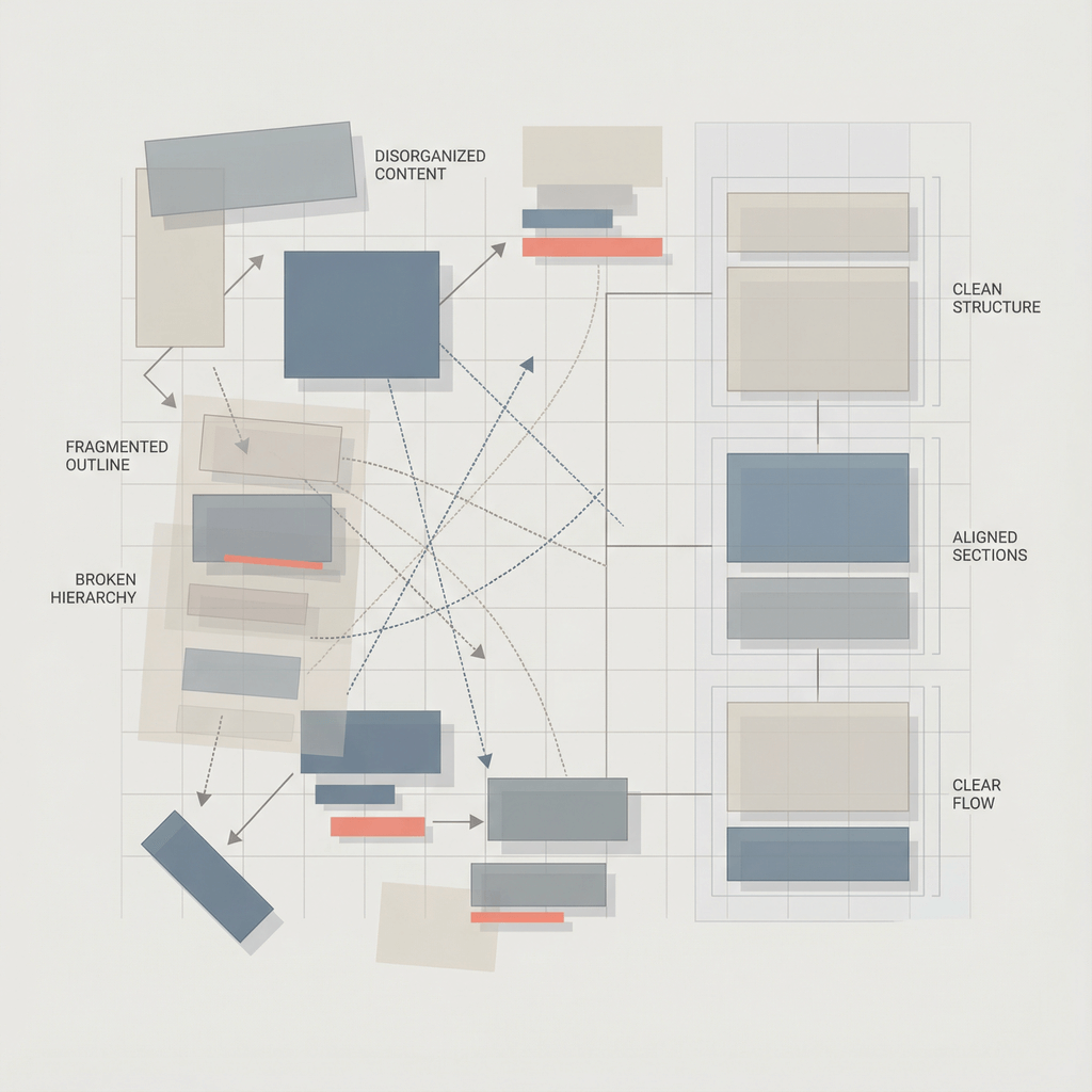 Illustration showing common structural mistakes in systematic writing workflows that reduce clarity.