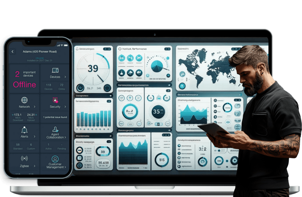 Man studying dashboards on laptop and tablet representing Indigo Tango's IT services