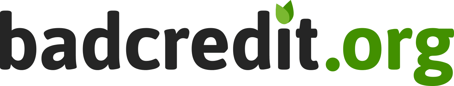 Badcredit.org logo with black text for 'badcredit' and green text for '.org' and two green leaves above the letter 'i'.