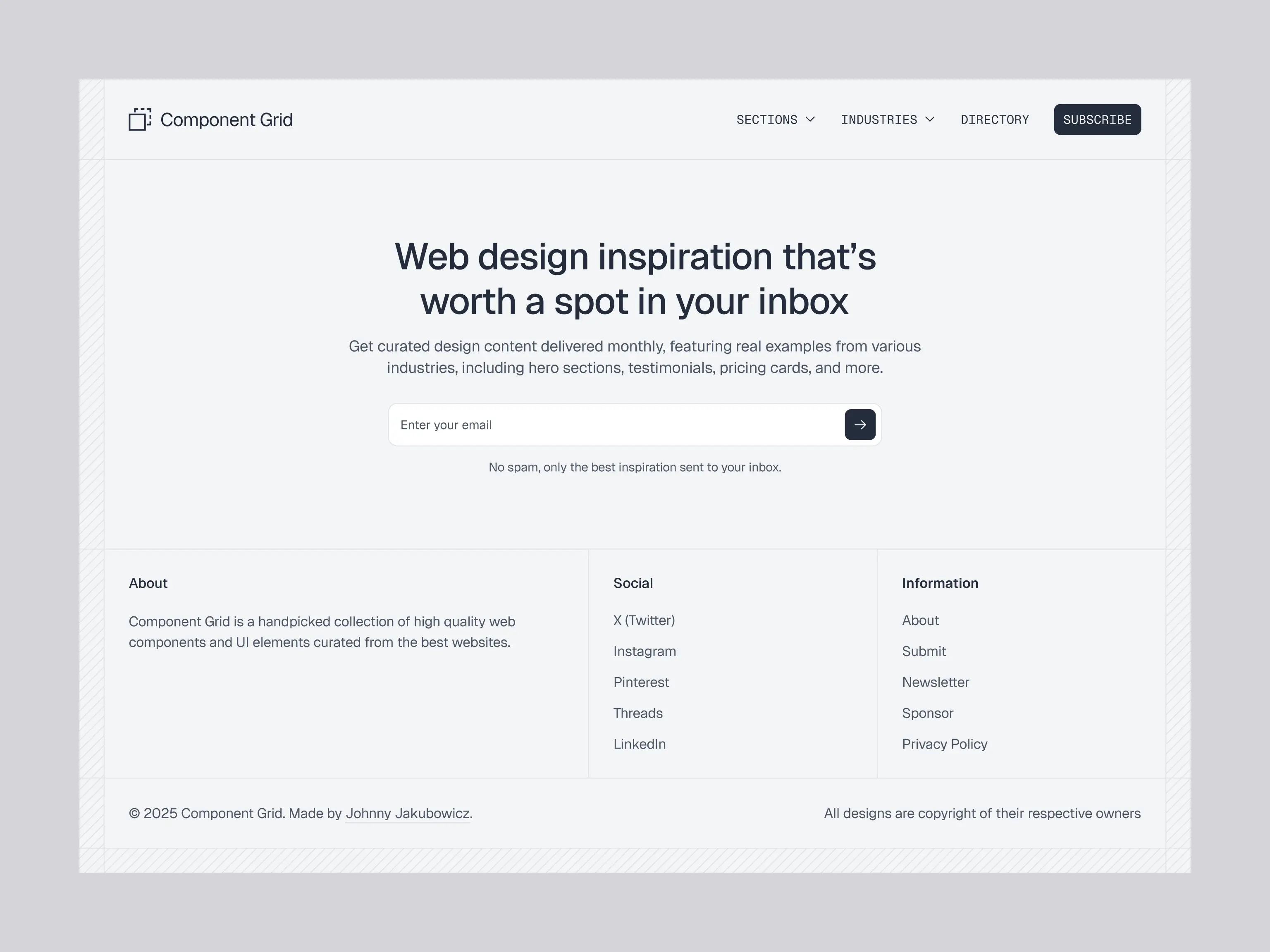 Website footer of Component Grid with a newsletter signup form promoting web design inspiration, site info, and social media links.