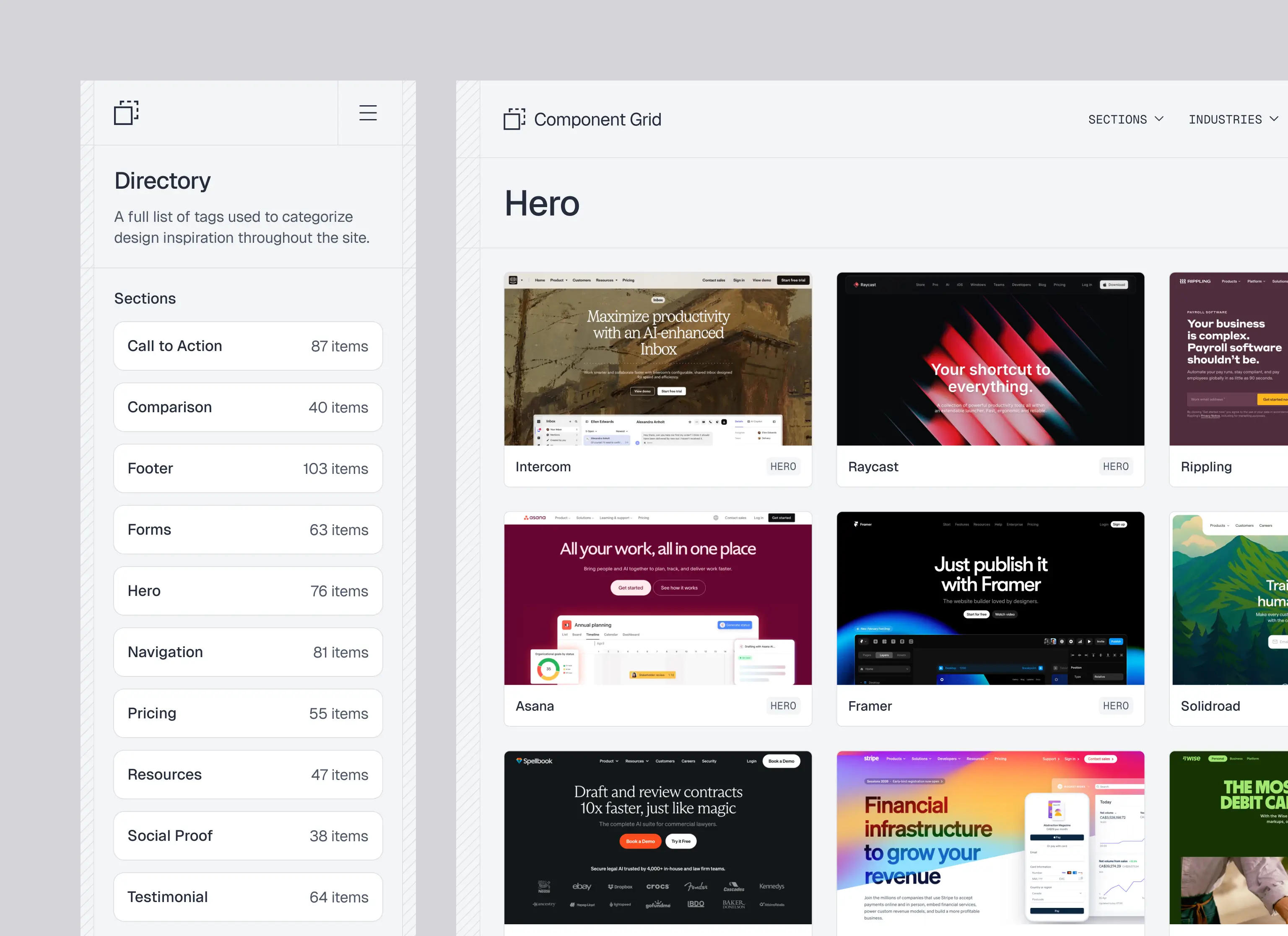 Webpage showing a component grid with a directory of design sections on the left and hero section examples from brands like Intercom, Stripe, Framer, Asana, and Wise on the right.