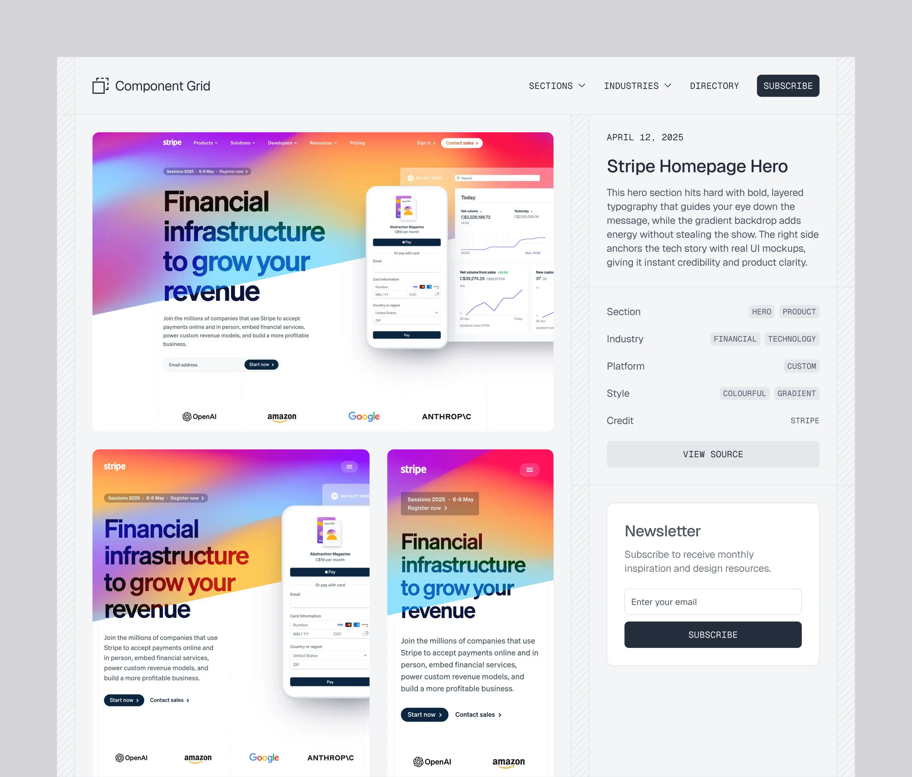 Component Grid webpage showing Stripe homepage hero sections with colorful gradient backgrounds and layered bold typography about financial infrastructure to grow revenue, accompanied by UI mockups and subscription form.