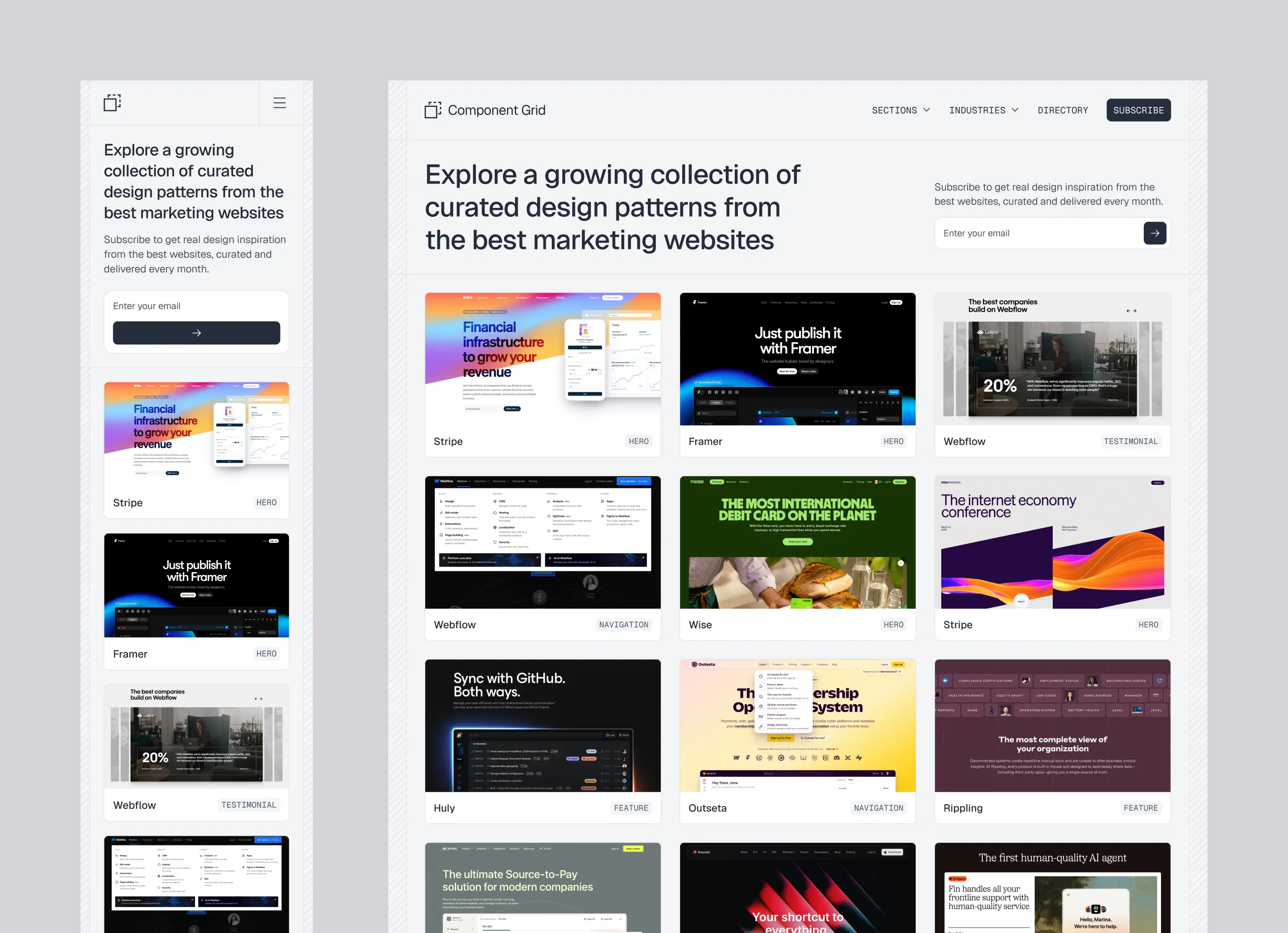 Responsive website showcasing a collection of curated design pattern thumbnails from marketing websites like Stripe, Framer, Webflow, Wise, and more.