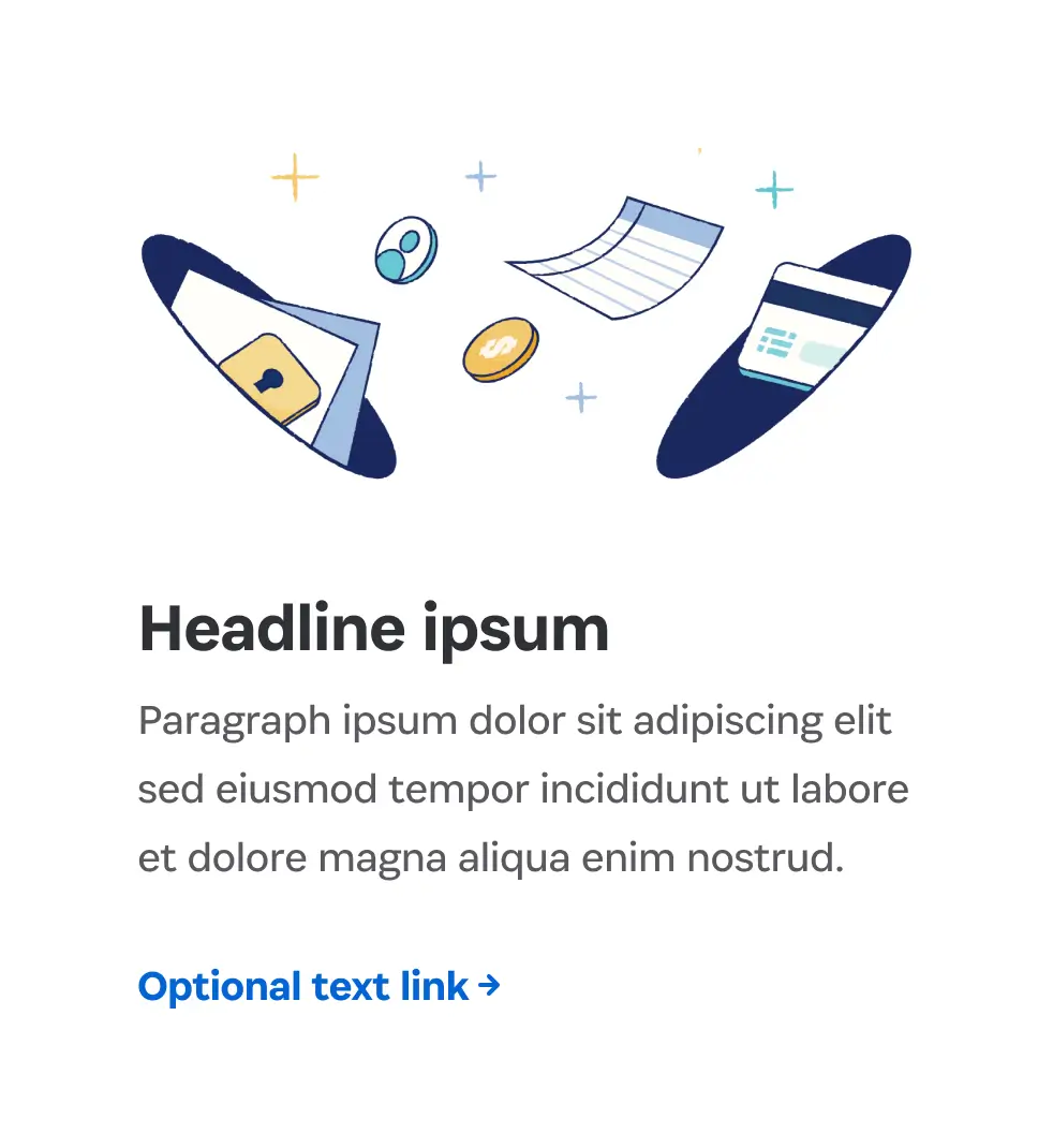 Illustration of documents, a coin, and a credit card floating above placeholder headline and paragraph text with a blue optional text link.