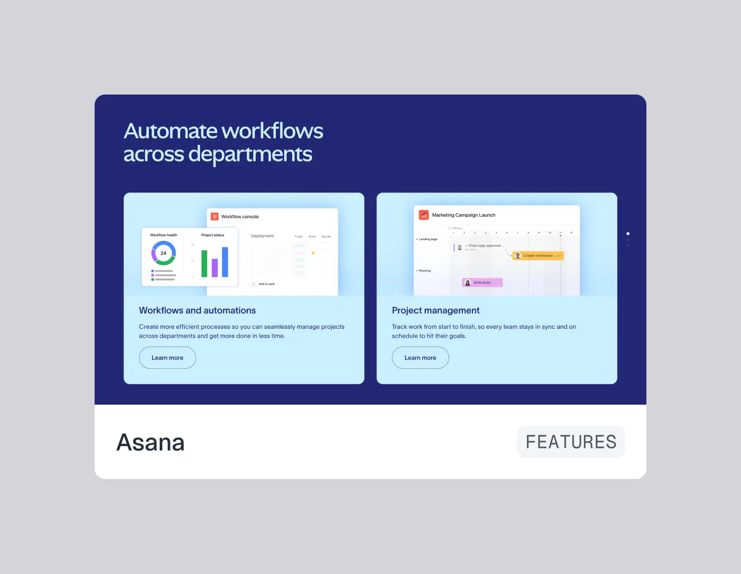 Asana features highlighting workflow automations with project status charts and project management with task timelines for marketing campaigns.