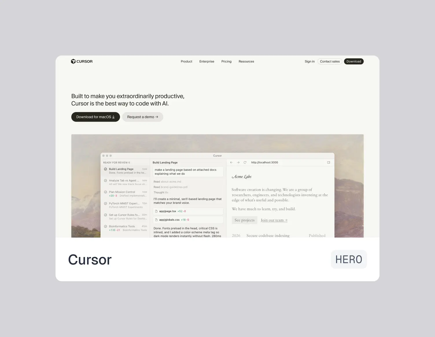 Website landing page for Cursor, an AI coding tool, featuring download and demo request buttons and a screenshot of the app interface.