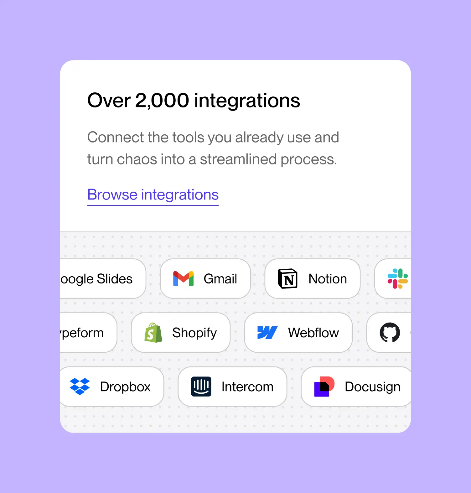 Card highlighting over 2,000 tool integrations with icons for Google Slides, Gmail, Notion, Slack, Typeform, Shopify, Webflow, GitHub, Dropbox, Intercom, and Docusign.