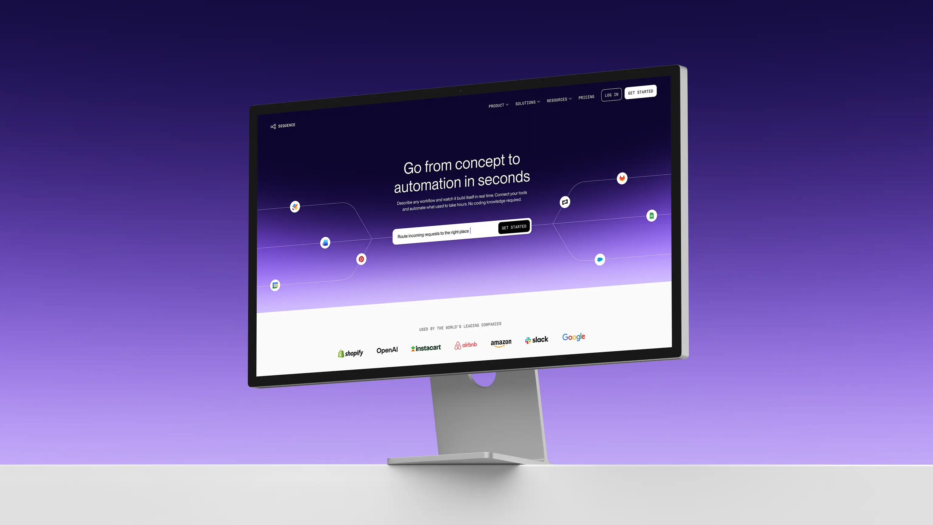 Computer monitor displaying Sequence automation software webpage with text 'Go from concept to automation in seconds' and logos of companies like Shopify, OpenAI, and Google below.