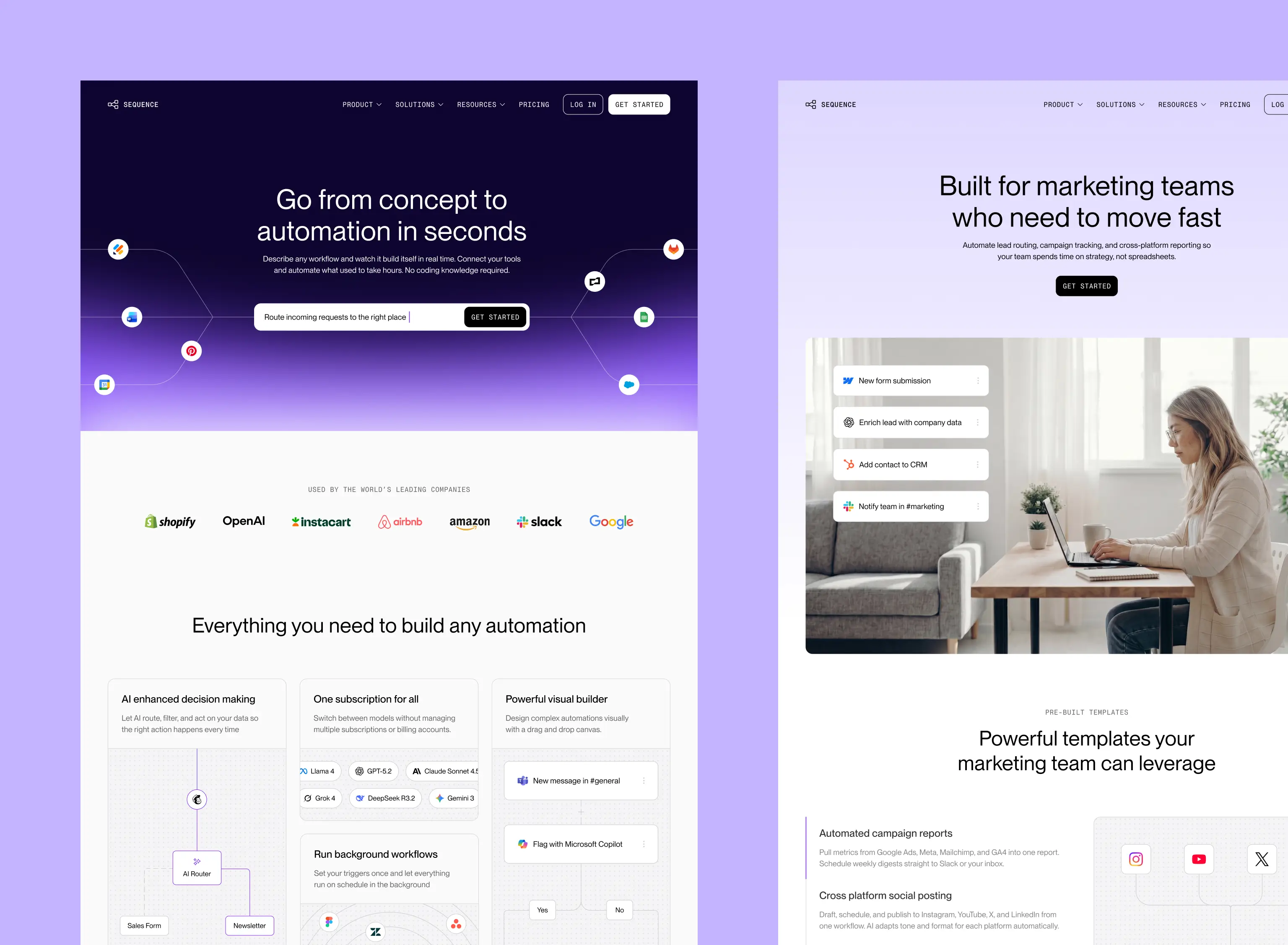 Sequence homepage showing automation software features, client logos, and marketing team workflow with AI-powered tools and templates.