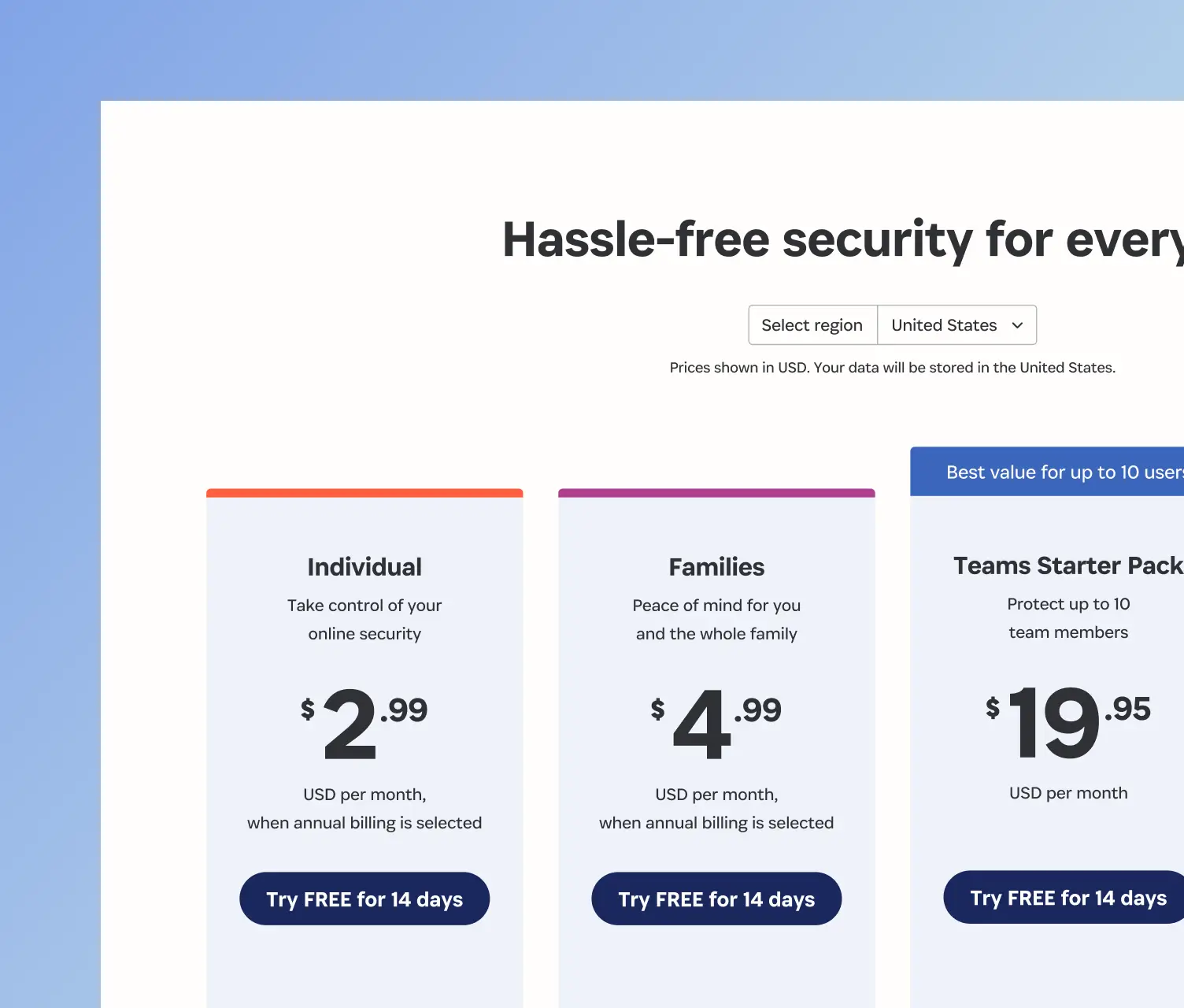 Pricing plans for online security including Individual at $2.99, Families at $4.99, and Teams Starter at $19.99 per month with a 14-day free trial.