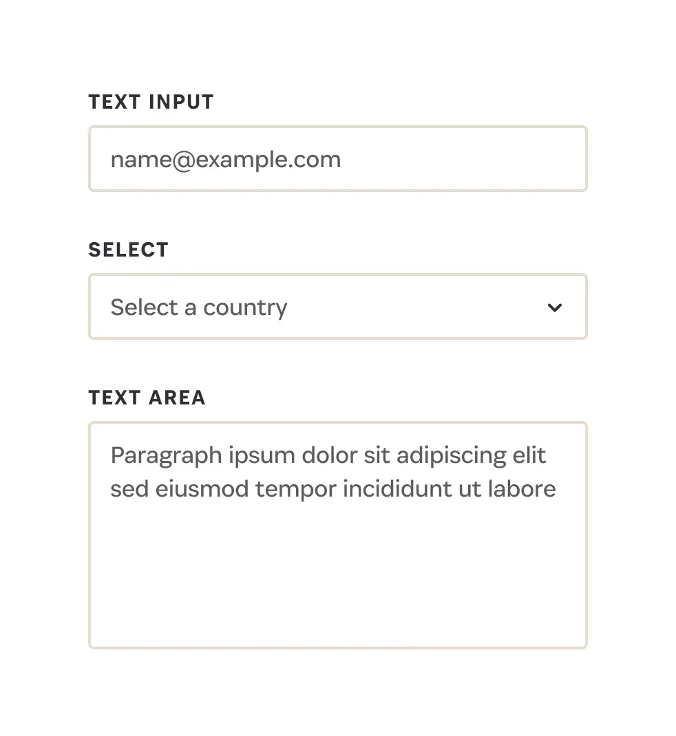 Form with text input for email, a dropdown to select a country, and a text area with placeholder text.