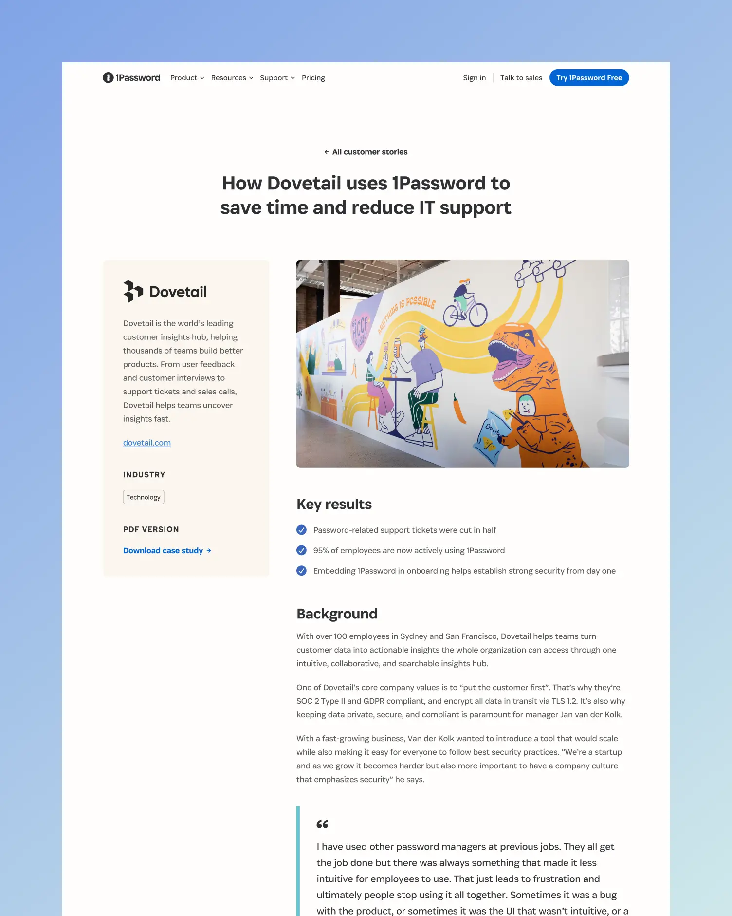 1Password webpage featuring a case study on how Dovetail uses 1Password to save time and reduce IT support, including key results and background information with a colorful office mural showing a dinosaur and people.
