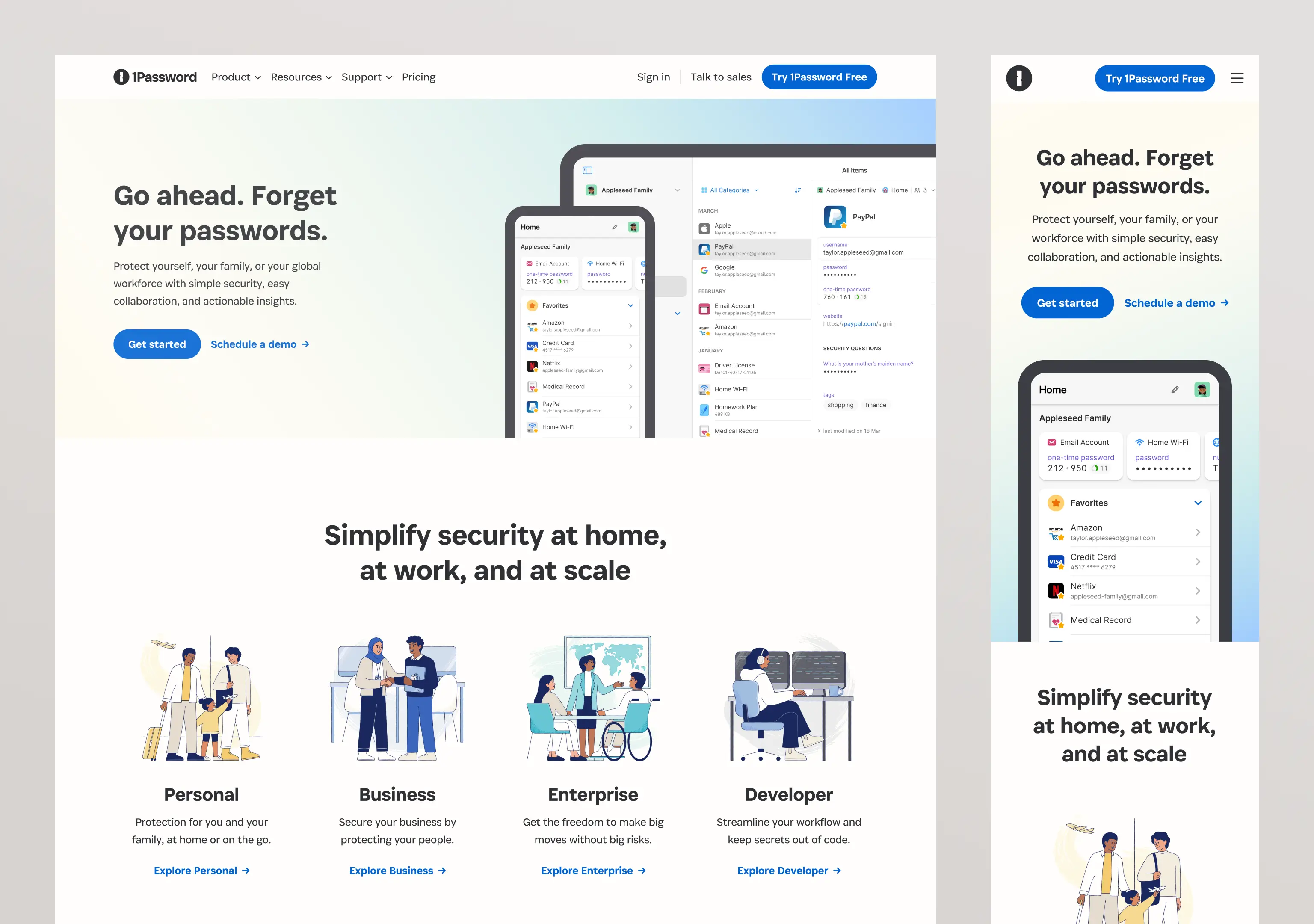 1Password homepage showing password management interface with mobile and desktop views, and sections for Personal, Business, Enterprise, and Developer security solutions.