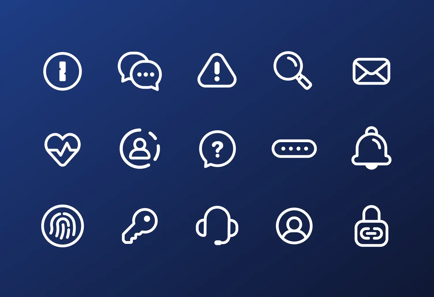 Set of fifteen white line icons on dark blue background including keyhole, chat bubbles, warning triangle, magnifying glass, envelope, heart with pulse, user profile, question mark in chat bubble, password, notification bell, fingerprint, key, headset, user silhouette, and locked padlock.