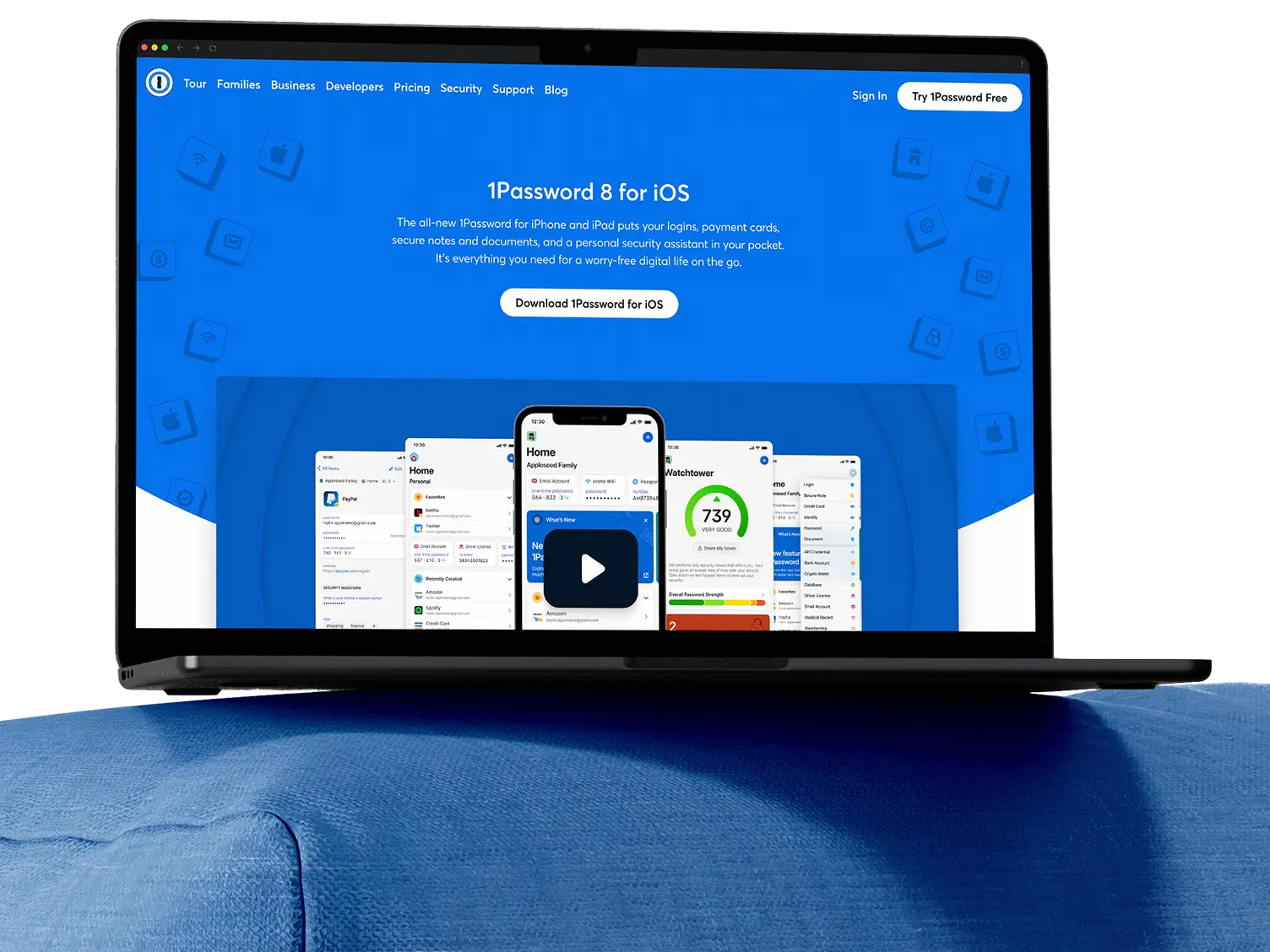 1Password 8 for iOS product launch page displayed on a MacBook laptop