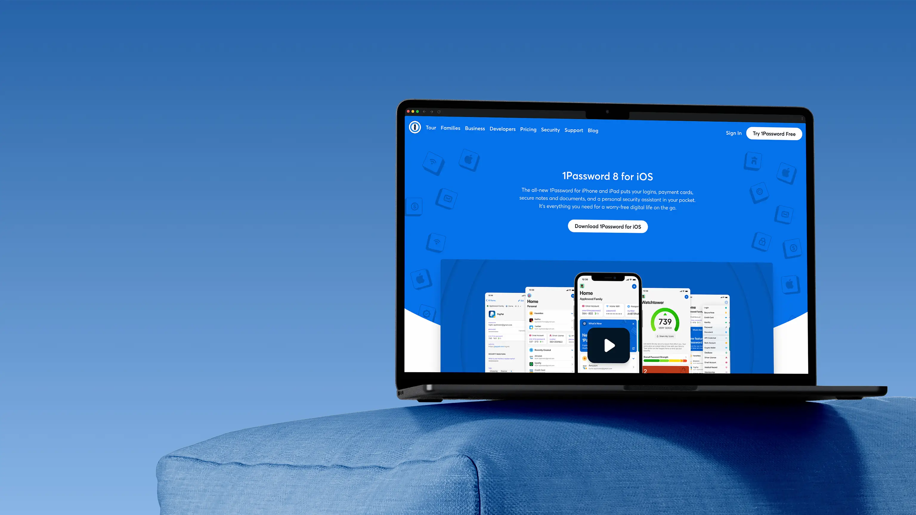 1Password 8 for iOS product launch page displayed on a MacBook laptop