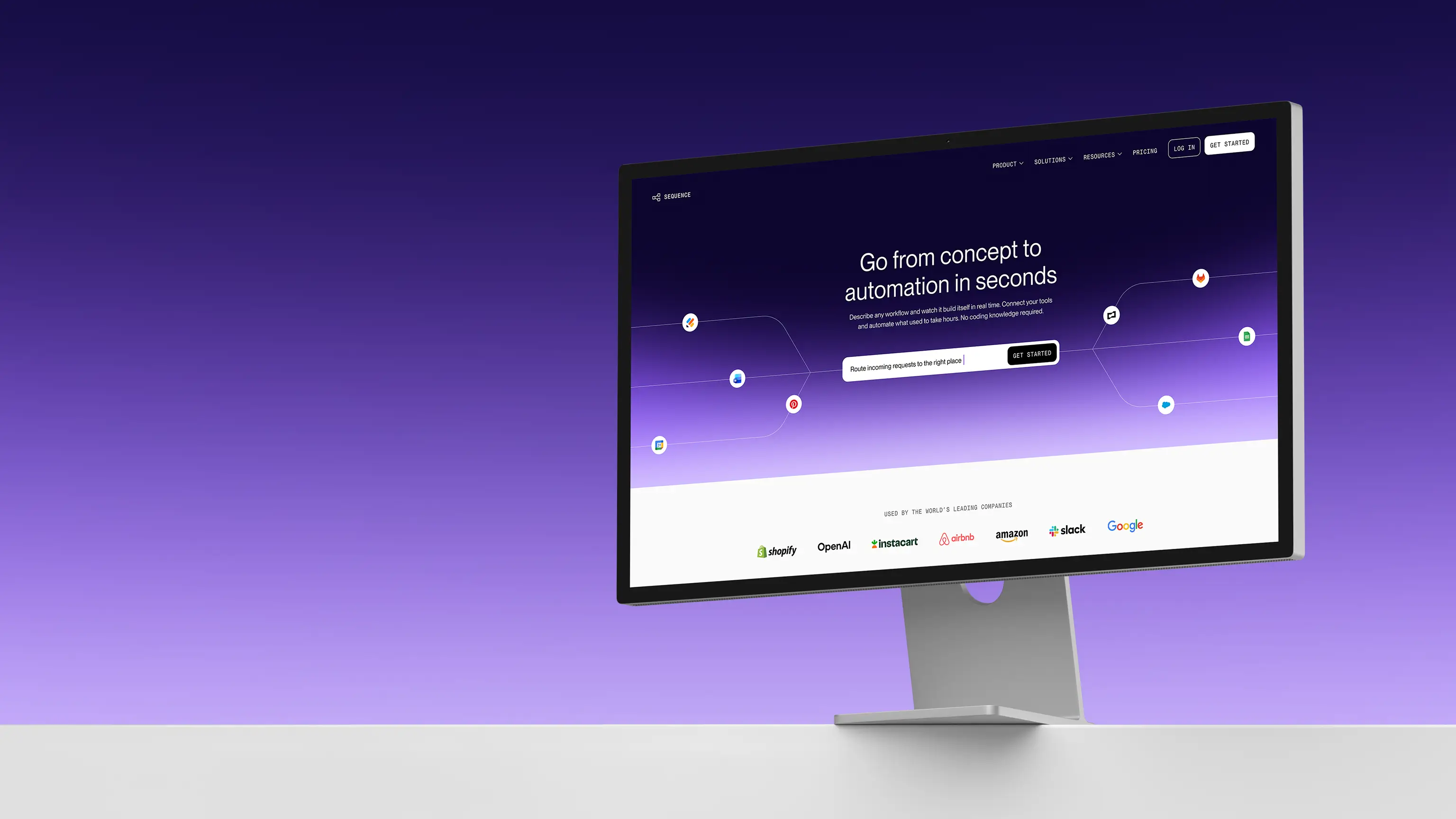 Screenshot of Sequence's homepage displayed on an Apple Studio Display monitor, set against a dark navy-to-purple gradient background.