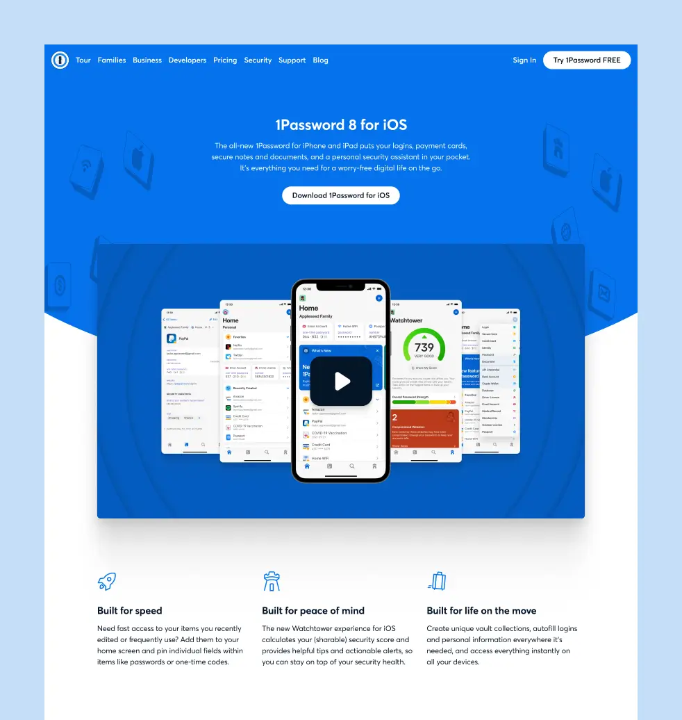 The 1Password 8 for iOS landing page, featuring a hero section with app screenshots, a video thumbnail, and three feature callouts: Built for speed, Built for peace of mind, and Built for life on the move