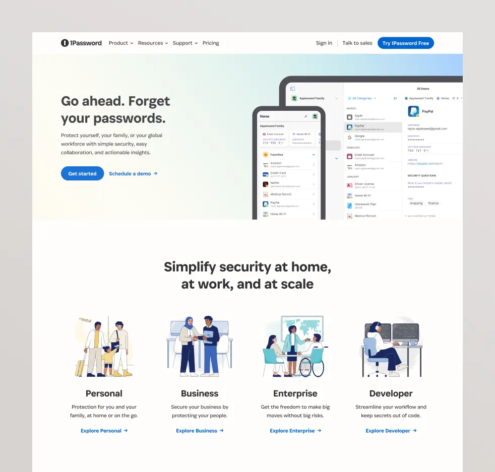 The 1Password homepage, with a hero section headlined "Go ahead. Forget your passwords." and app UI screenshots, followed by a "Simplify security at home, at work, and at scale" section showcasing four use cases: Personal, Business, Enterprise, and Developer.