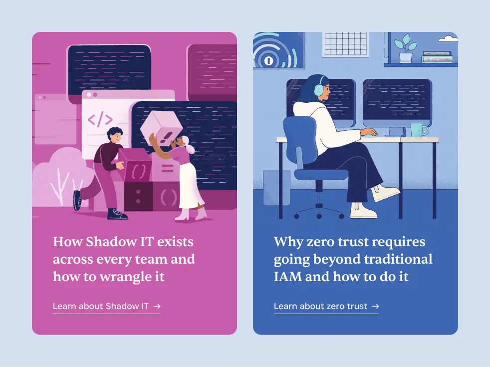 Two 1Password resource cards: one on Shadow IT with a pink illustrated card, and one on zero trust security with a blue illustrated card, each linking to a related article.