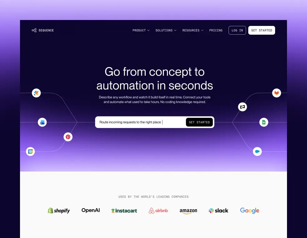 The Sequence homepage hero, featuring the headline "Go from concept to automation in seconds," a natural language workflow input field, and a social proof bar showing logos from Shopify, OpenAI, Instacart, Airbnb, Amazon, Slack, and Google.