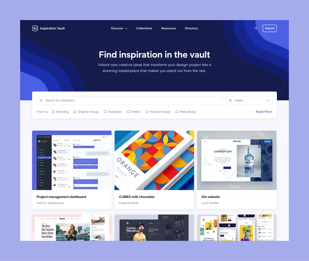 The Inspiration Vault homepage, showing a searchable design inspiration gallery with category filters and a grid of submitted works, including a project management dashboard by Johnny Jakubowicz, CUBIES milk chocolate packaging by Creative Mints, and a gin website by Louis Saville.