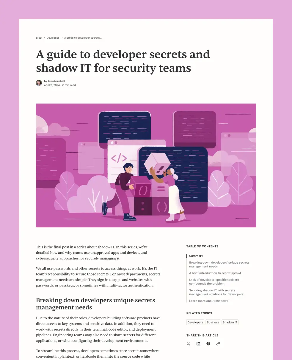 A 1Password blog article titled "A guide to developer secrets and shadow IT for security teams" by Jenn Marshall, showing the article layout with a hero illustration, body copy, table of contents sidebar, related topics tags, and social sharing options.