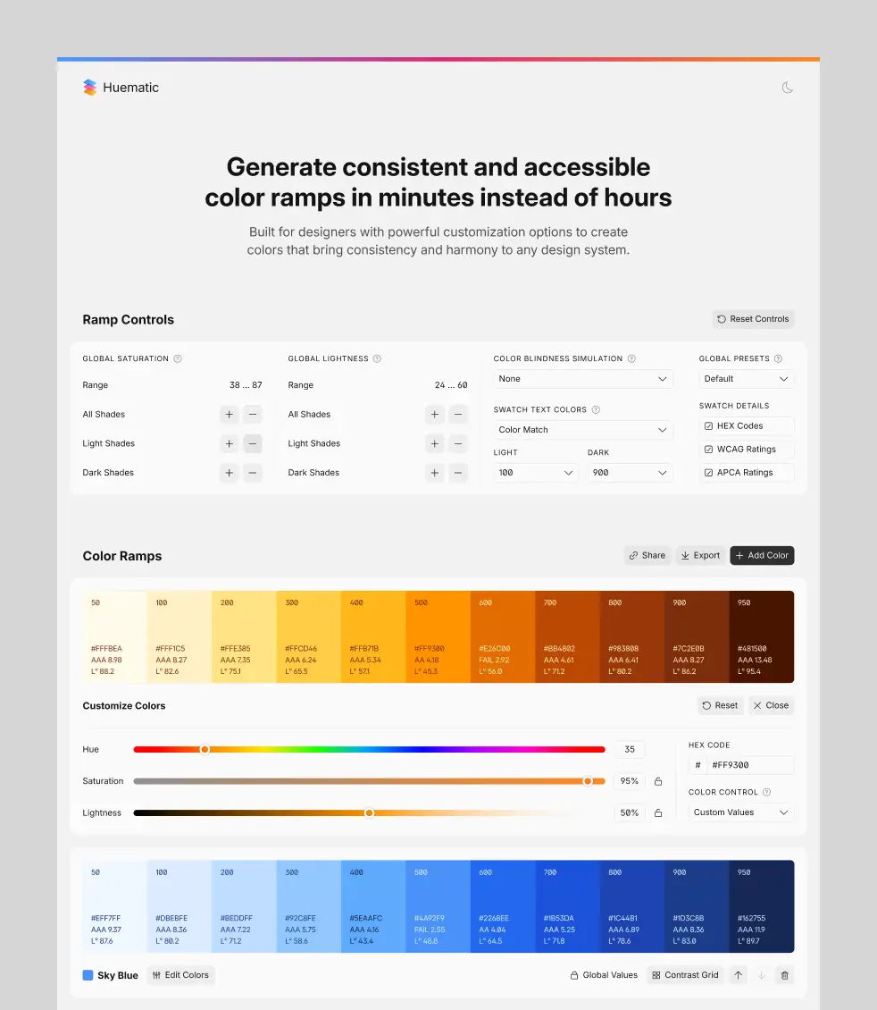 The Huematic color ramp generator, showing ramp controls for saturation and lightness, a generated orange color ramp with WCAG/APCA contrast ratings per swatch, and a color customization panel with hue, saturation, and lightness sliders. A second blue "Sky Blue" ramp is visible below.