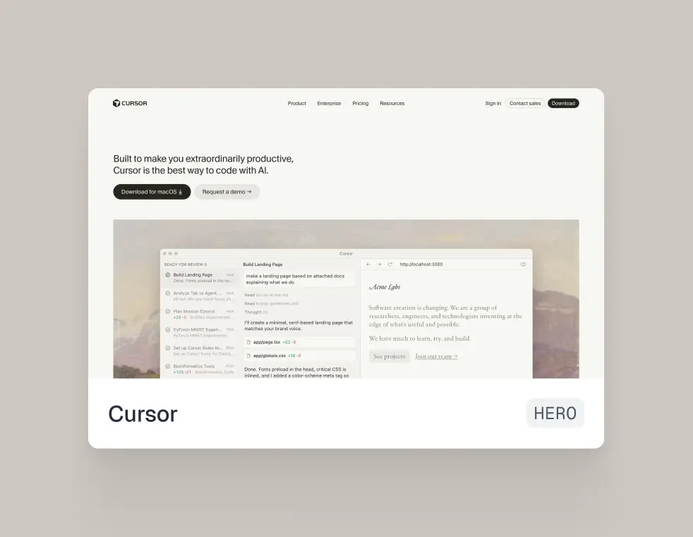 A Component Grid card showing the Cursor homepage hero section, featuring the headline "Built to make you extraordinarily productive, Cursor is the best way to code with AI," with a product UI screenshot showing an AI coding session building a landing page.