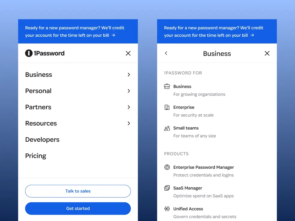 The 1Password mobile navigation menu shown in two states: the top-level menu listing Business, Personal, Partners, Resources, Developers, and Pricing, and the expanded Business submenu showing 1Password For and Products sections.