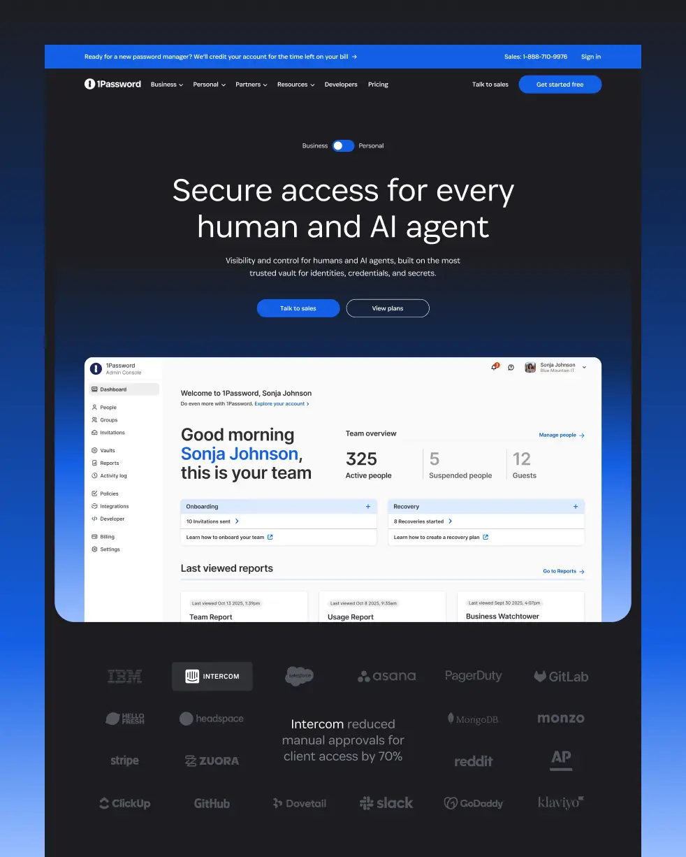 The 1Password Business homepage hero, headlined "Secure access for every human and AI agent," with an admin console dashboard screenshot and a social proof grid of customer logos including Intercom, Stripe, Slack, GitHub, and Reddit.