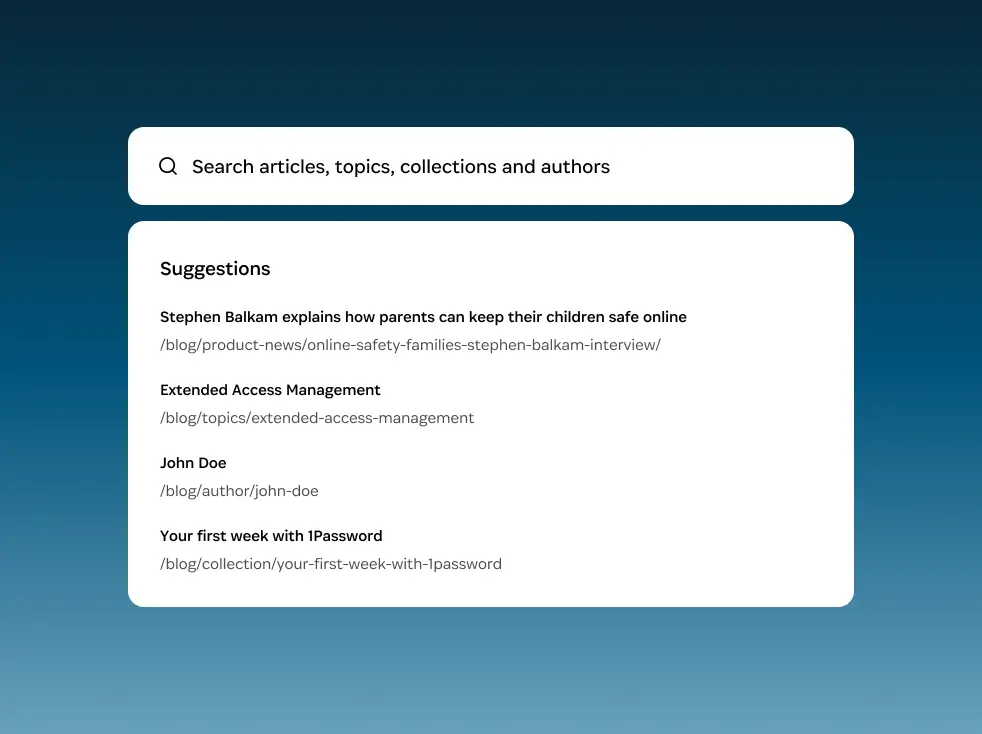 Search interface for the 1Password blog, showing a search bar and four suggested results including articles, topics, an author, and a collection.