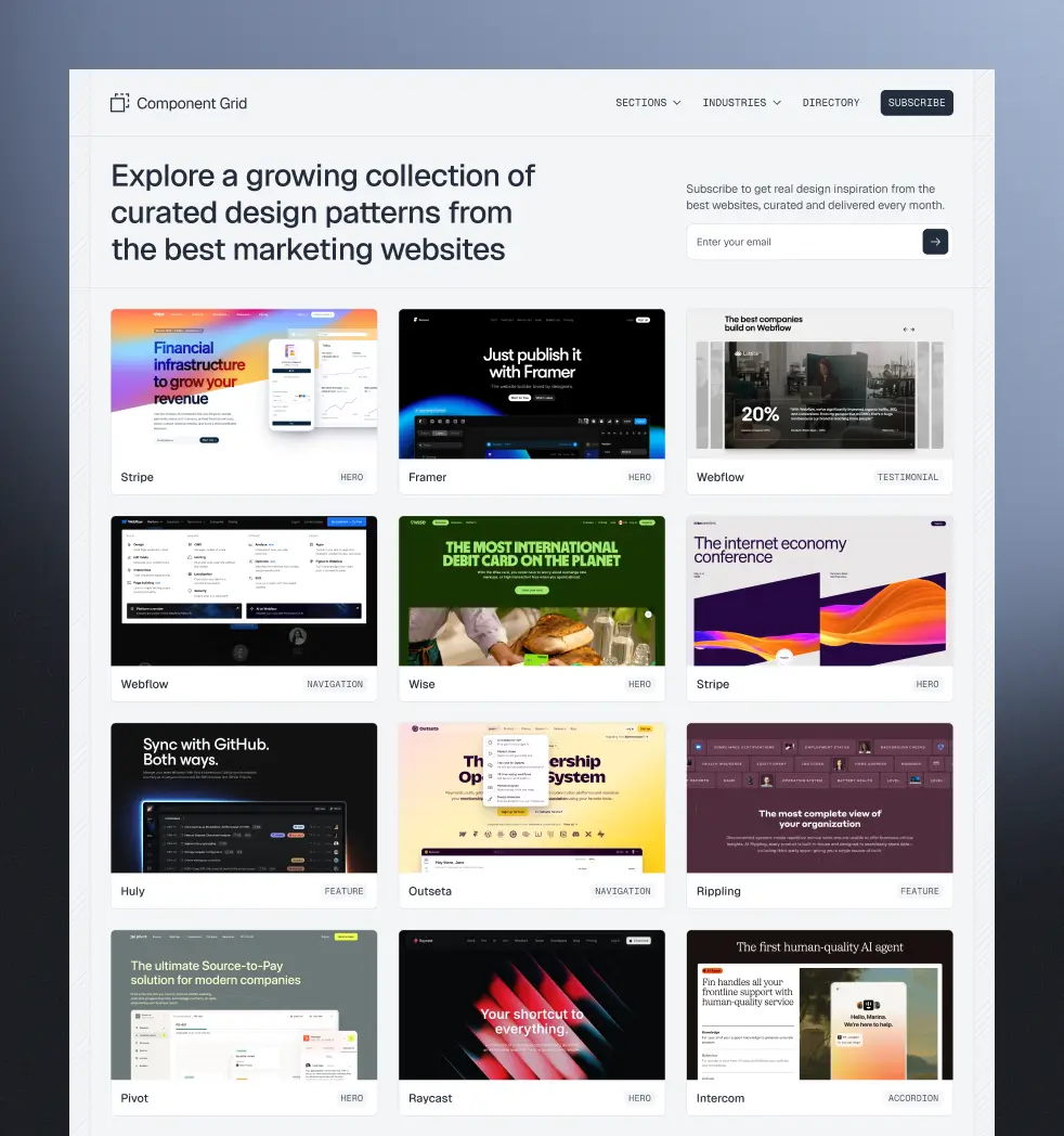 The Component Grid homepage, showing a curated gallery of design pattern screenshots from marketing websites including Stripe, Framer, Webflow, Wise, Huly, Outseta, Rippling, Pivot, Raycast, and Intercom, each tagged by component type such as Hero, Navigation, Testimonial, Feature, or Accordion.