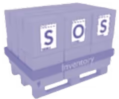Purple pallet stacked with three boxes labeled with large letters S, O, and S in white.