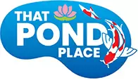 Logo with a blue pond shape featuring the text 'THAT POND PLACE' with a pink lotus flower and two koi fish.