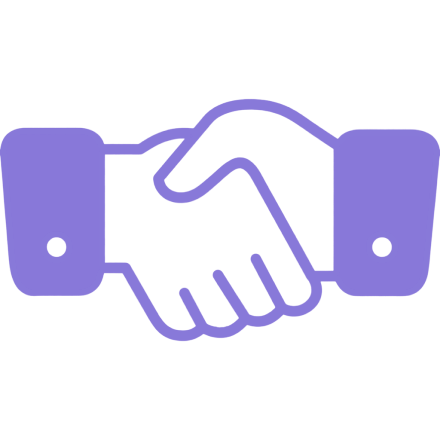 Purple icon of two hands shaking in a handshake gesture.