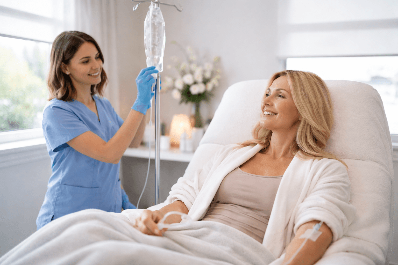 Woman receiving IV Nutrient Infusion therapy during advanced wellness aesthetics treatment in Forked River, New Jersey