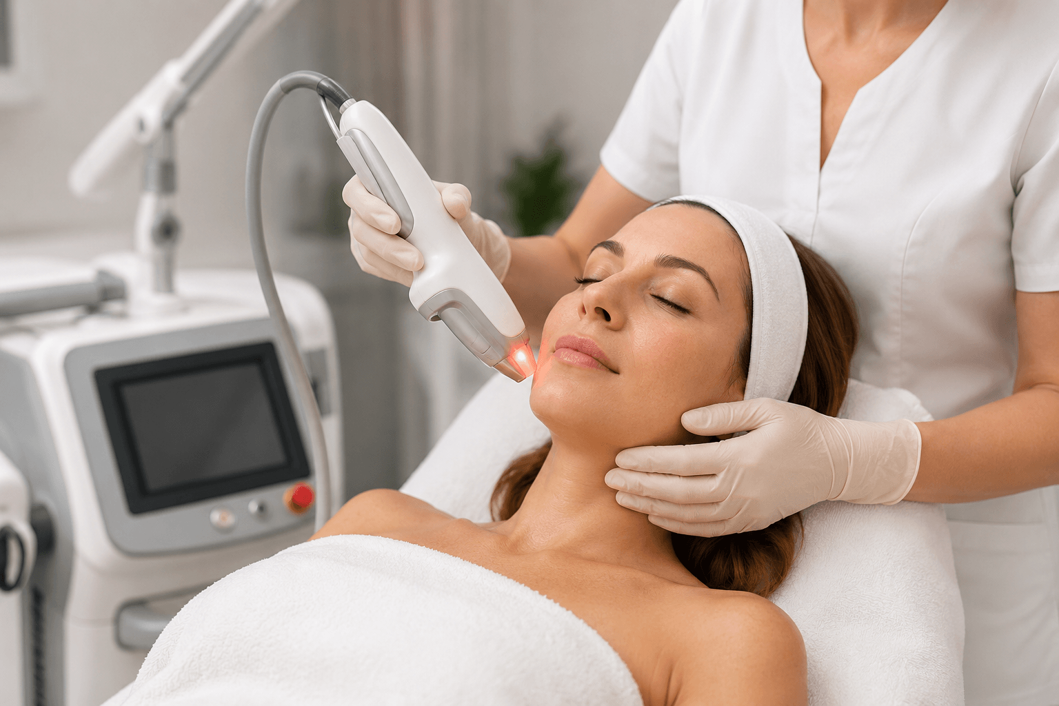 Patient receiving Fotona 4D laser treatment for wrinkles and skin tightening in Forked River, New Jersey medical spa
