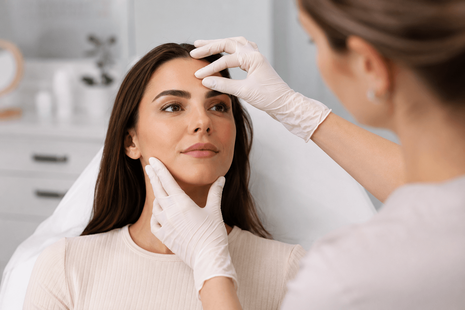Woman receiving a wrinkle consultation at a med spa in Forked River, New Jersey to discuss Botox, Dysport, and laser treatments for fine lines.